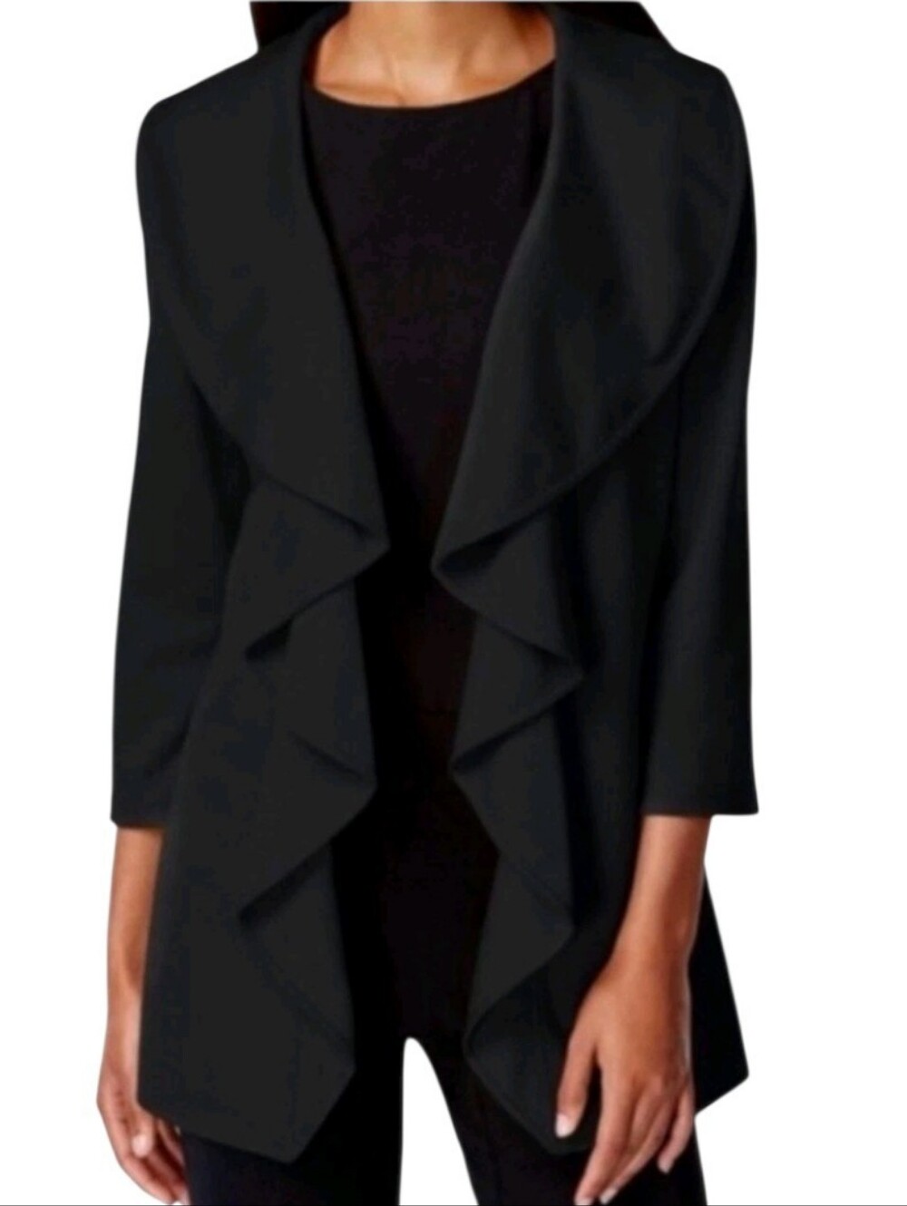 Calvin Klein Black Cascading Ruffle Open Front Blazer